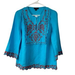 NWT J. Crew Size XS Embroidered Linen Tunic Top Blouse Monaco Blue Red